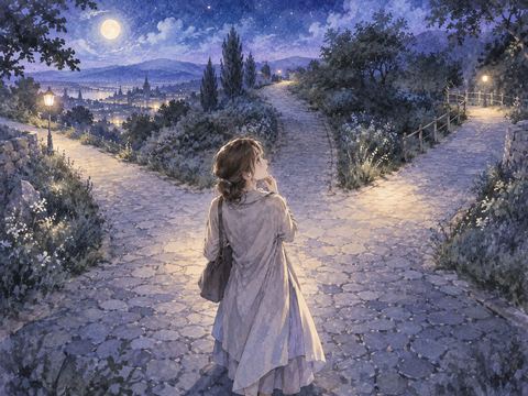 夜の三叉路で行き先が分からず立ち止まる人物