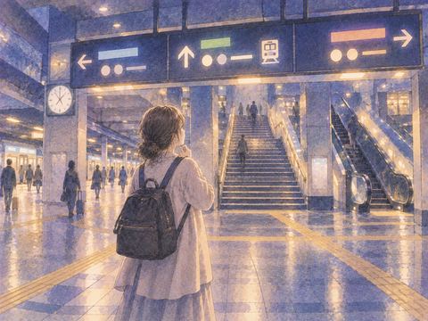 夜の駅構内で複数の通路を前に乗り換えに迷う人物