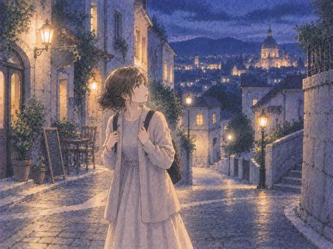 見知らぬ夜の街で周囲を見回しながら道を探す人物