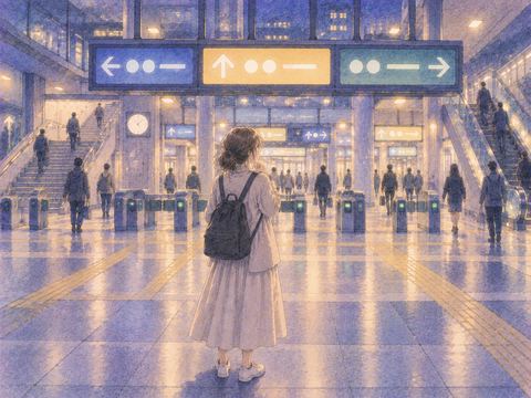 複数の改札や階段がある駅で迷う人物