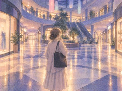 夜のショッピングモールで多くの通路を前に迷う人物