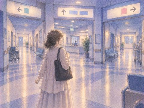 静かな病院の廊下で行き先を探す人物