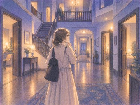広い家の廊下と階段の中で迷う人物