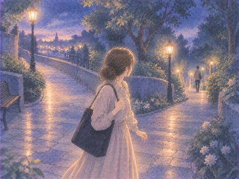 夜の分かれ道で一緒にいた人を探す人物