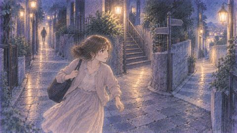 夜道を逃げながら複数の分かれ道に迷う人物