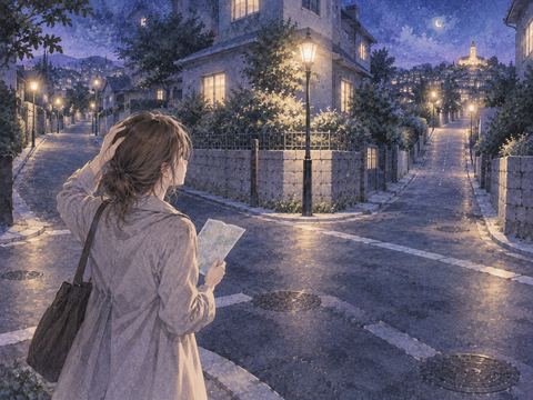 同じ交差点へ戻ってしまい遠くの目的地を見つめる人物