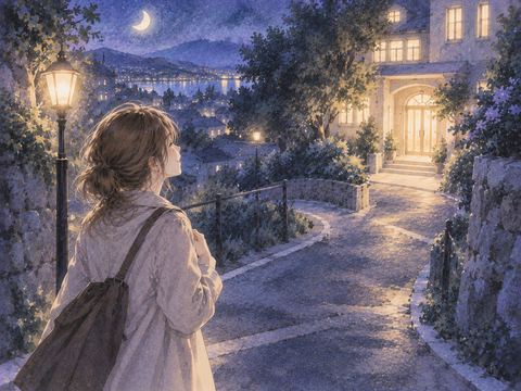 夜道の先に明るい目的地を見つけてほっとする人物