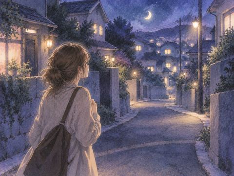 夜の住宅街で自宅を探しながら歩く人物