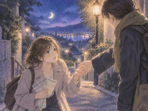 夜道で迷う人物に別の人物が手を差し伸べる場面