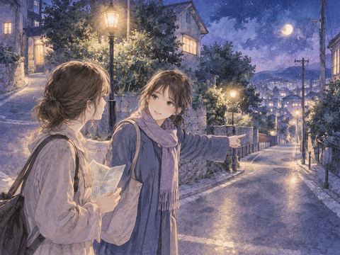 夜の交差点で道順を教えてもらう人物