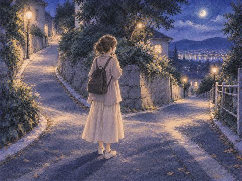 夜の分かれ道を歩きながら進む方向を考える人物