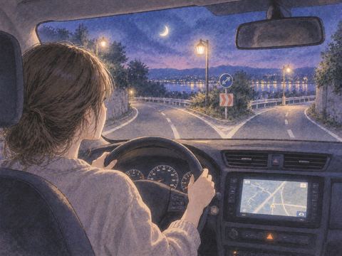 夜の車内で分岐を前に道に迷う運転者