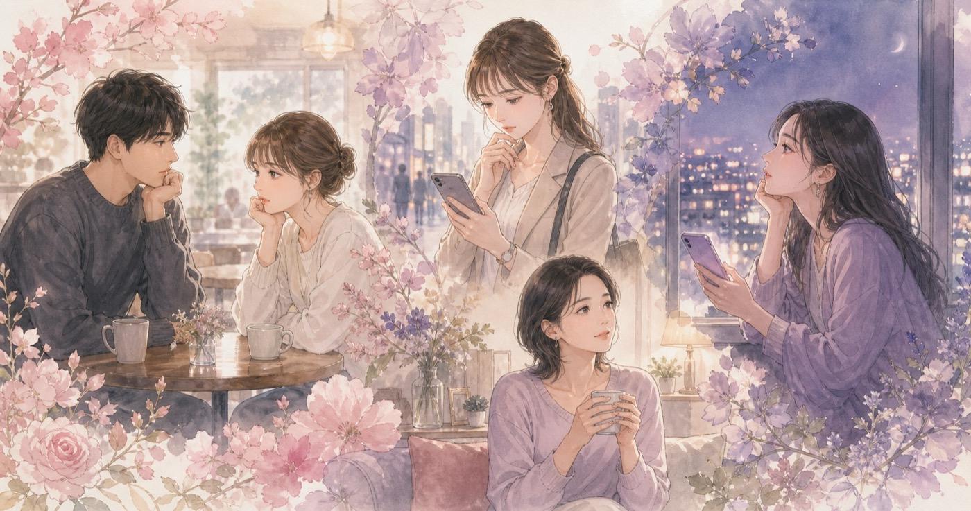若いカップル、仕事帰りの20代女性、大人の女性、夜に恋愛を考える女性を描いた恋愛記事まとめのイラスト