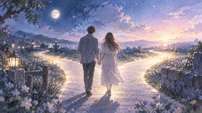 夜の道で手をつないでいた二人の影が、淡い光の分かれ道へ続いていく幻想的な風景