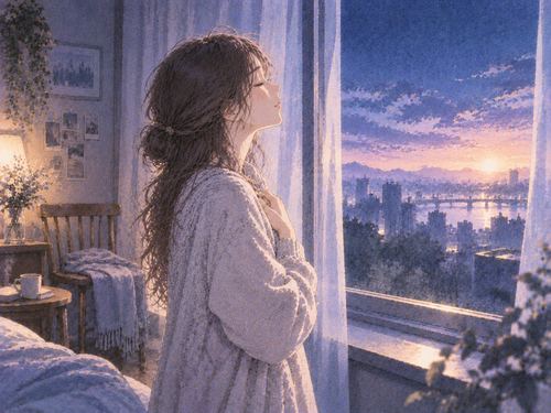 夜明け前の窓辺で目を閉じ、静かに息を吐く女性