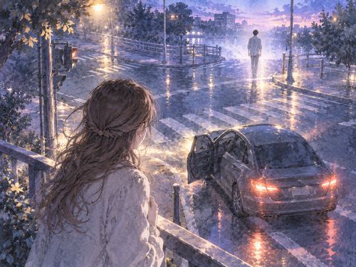 夜の交差点で急停車した車と、遠くに立つ恋人の淡いシルエット