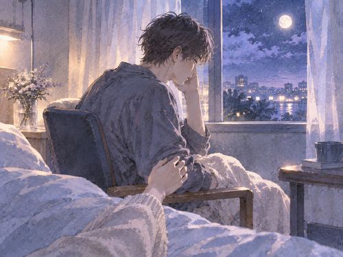 夜の病室で窓辺の椅子に座る恋人と、そばに寄り添う人物の手