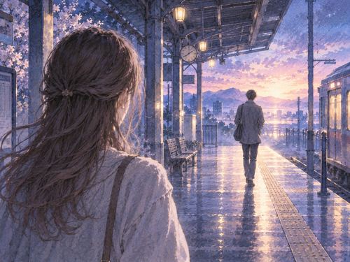 夜明け前の駅のホームで遠ざかる恋人の後ろ姿を見送る幻想的な場面