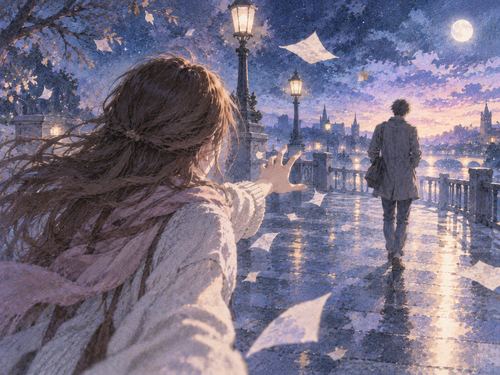夜の強い風の中で離れていく恋人へ手を伸ばす人物の幻想的な場面