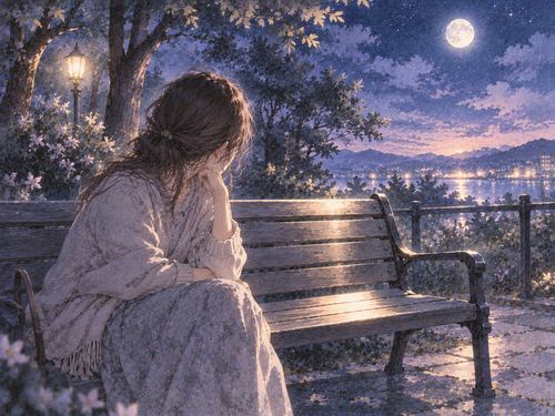 夜のベンチに一人で座り、隣の空席を見つめる人物