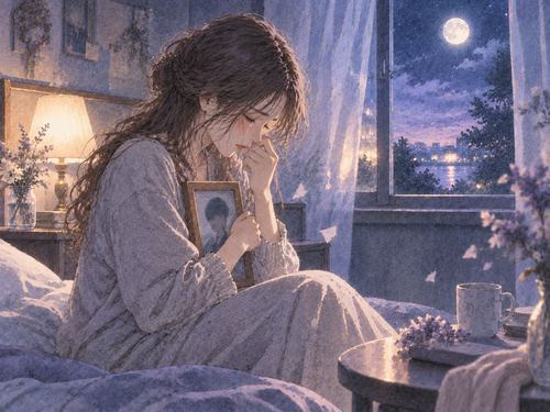 月明かりの部屋で涙を流しながら恋人の写真立てを抱える女性