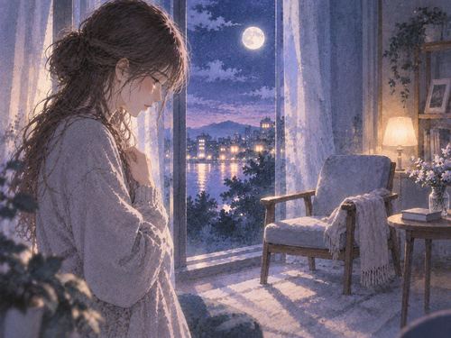 夜の窓辺で空の椅子を見つめ、胸元に手を当てる女性