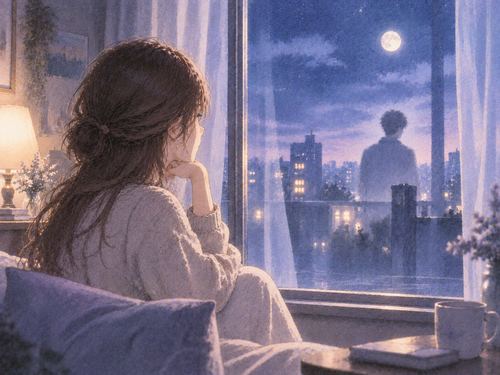 夜の部屋で遠くの恋人のシルエットを静かに見つめる無表情の女性