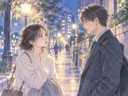 夜の街角で見覚えのある男性と向き合う女性