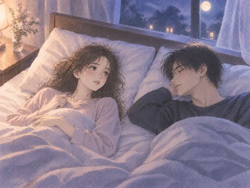 夜の寝室で知らない男性と距離を置いて横になる女性
