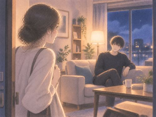 自宅のリビングに知らない男性がいて驚く女性