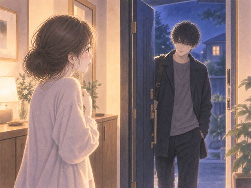 玄関から知らない男性が入ってきて身構える女性
