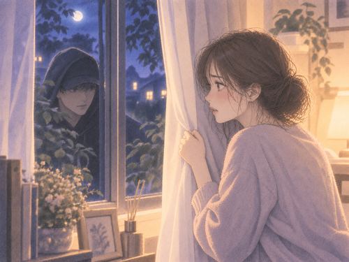 窓の外から知らない男性に室内を覗かれ不安そうな女性