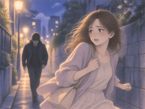 夜道で知らない男性に追いつめられ逃げようとする女性