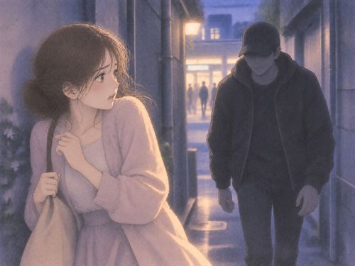 近づいてくる知らない男性を警戒して後ずさる女性
