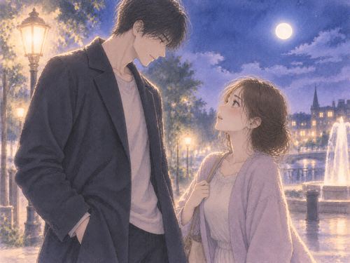 背の高い男性を見上げる女性