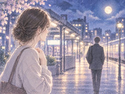 月夜の駅前で昔好きだった男性を懐かしそうに見つめる女性