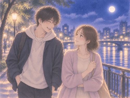 親しげな年下の男性と並んで歩く女性