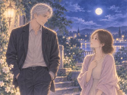 月明かりの中に立つ白髪の男性を見つめる女性