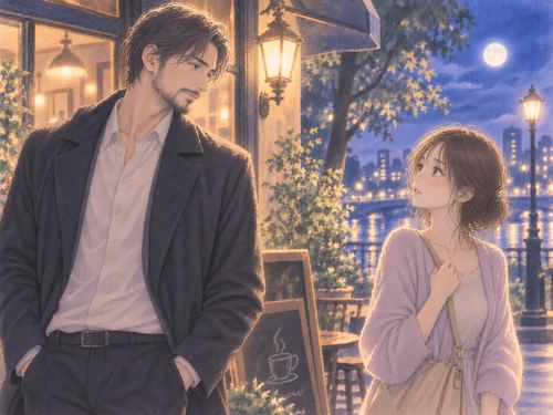 髭のある男性を少し離れて見つめる女性