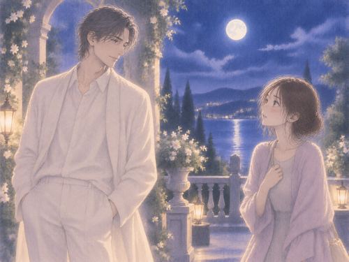 白い服を着た男性を月明かりの中で見つめる女性