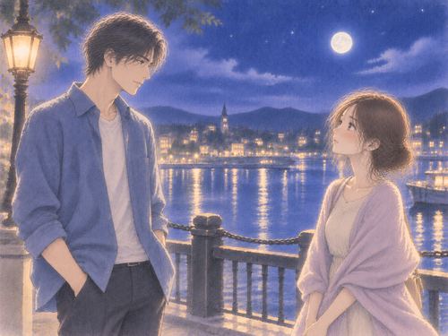 青い服を着た男性と静かに向き合う女性