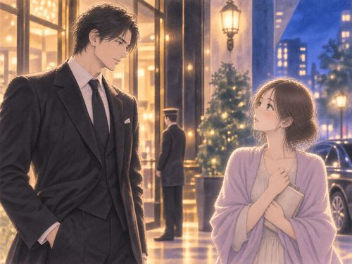 黒いスーツの男性を前に少し身構える女性