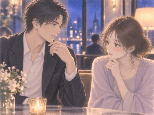 男性の手の指輪に気づき視線を向ける女性
