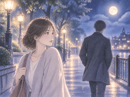 月明かりの道で見知らぬ男性とすれ違う女性