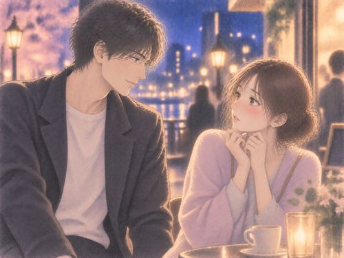 男性と目が合い少し頬を赤らめる女性