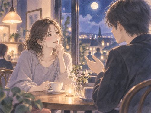 静かな夜のカフェで知らない男性と話す女性