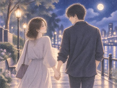 夜道で知らない男性とそっと手をつなぐ女性