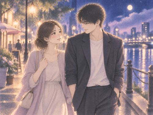 夜の街を知らない男性と並んで歩く女性