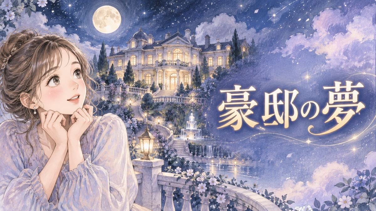 夜の豪邸を見つめる穏やかな大人の女性