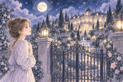 門の外から夜の豪邸を見つめる女性